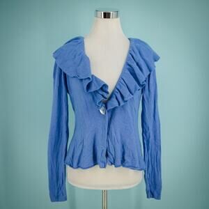 Soft Surroundings Size Medium M Blue Ruffle Button Long Sleeve Cardigan Sweater